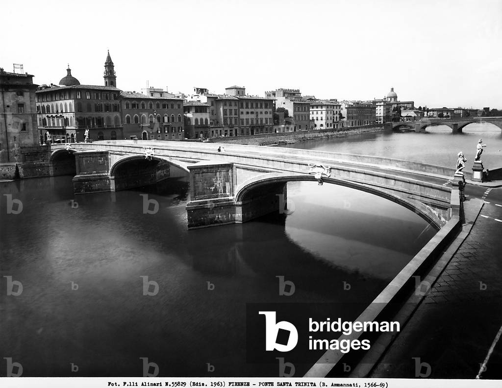 View of the Bridge of Santa Trinita and the Lungarno Guicciardini in Florence.