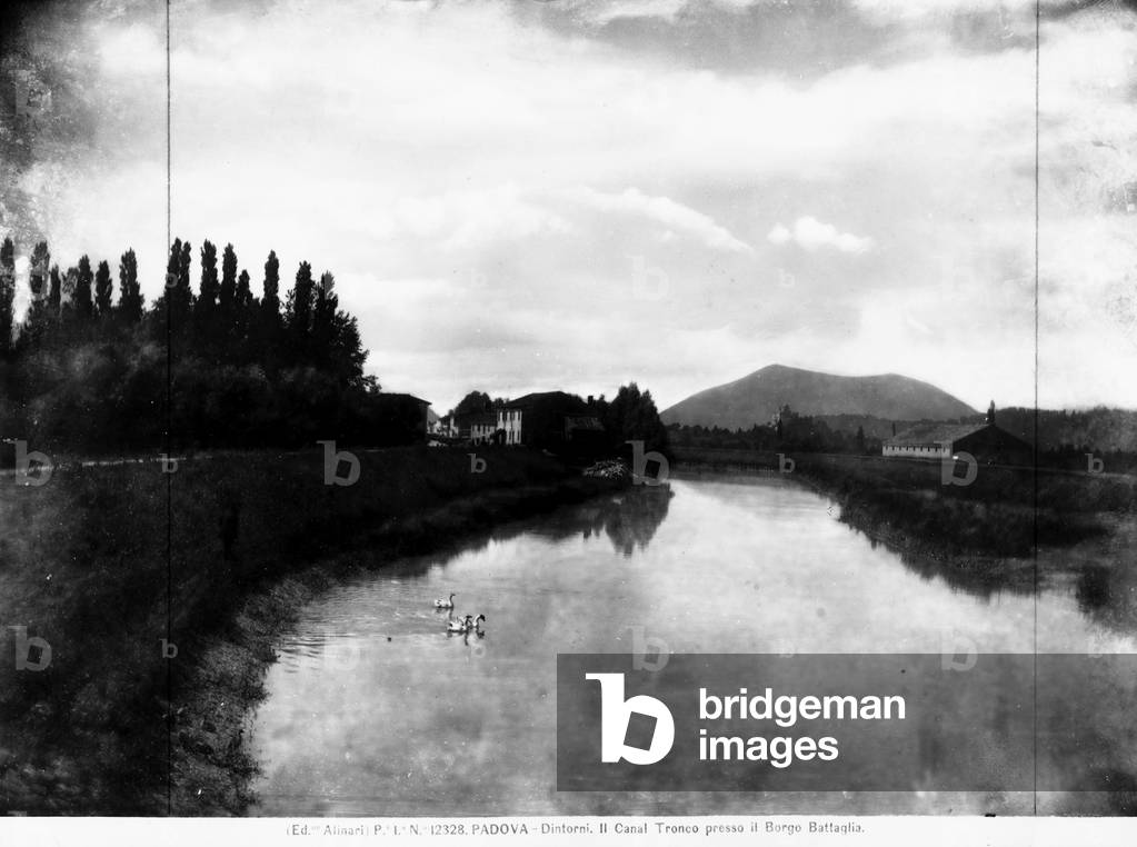 View of the Canal Tronco near Borgo Battaglia in Padua. In the foreground, some lake vegetation, houses, and a hilly landscape in the background.