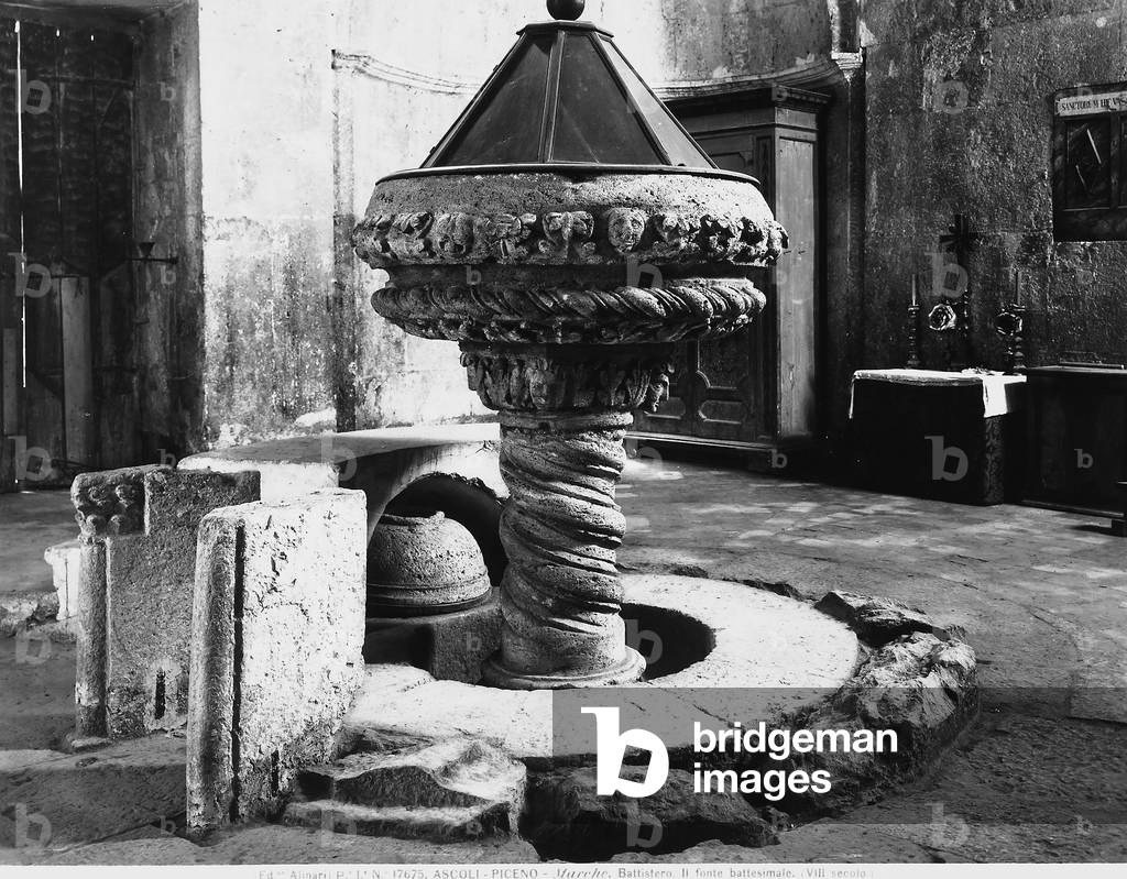 Baptismal font, located in the interior of the Battistero of Ascoli Piceno