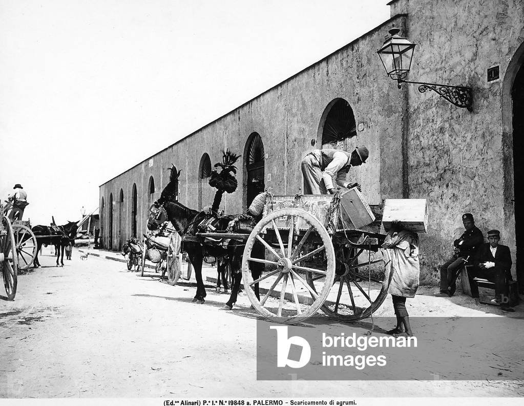 Two men unloading crates of citrus fruit from a Sicilian cart