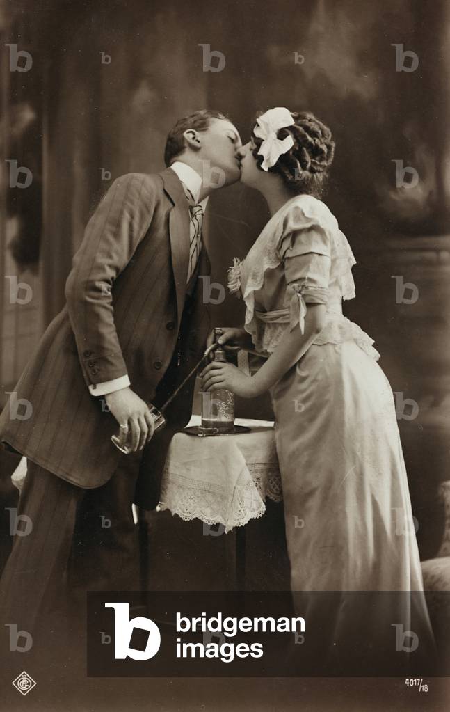 Postcard, lovers portrait while kissing each other, 
