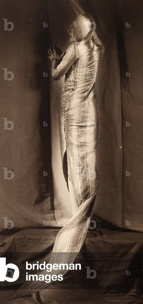 Studio portrait of a standing woman seen from the back. The model wears a close-fitting dress with a train