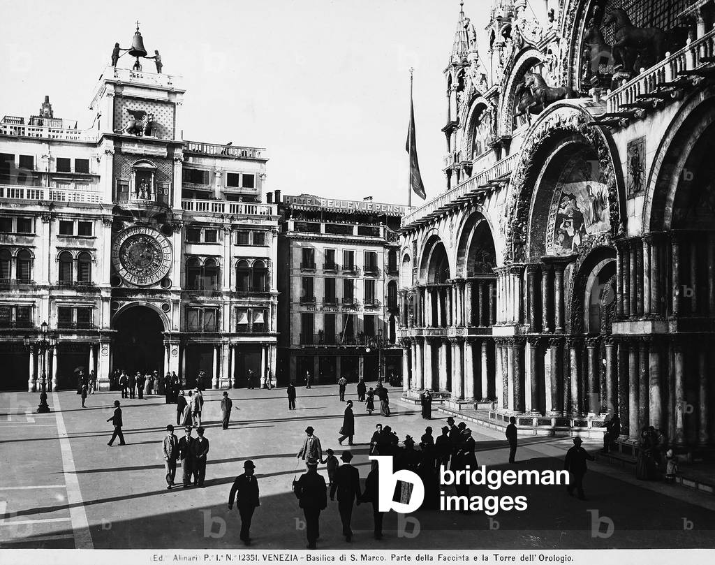 Façade of the Basilica of Saint Mark's and Clock Tower in Venice