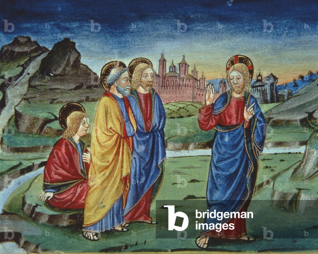 Fol.103v After the Transfiguration Christ tells the apostles not to reveal this until after the Resurrection (vellum) (detail)