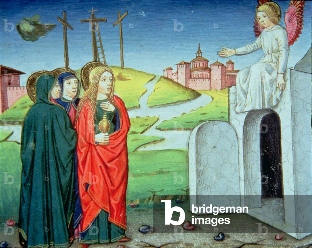 Fol.126v The three Marys carry an ointment to the tomb to annoint the body of Christ (vellum)