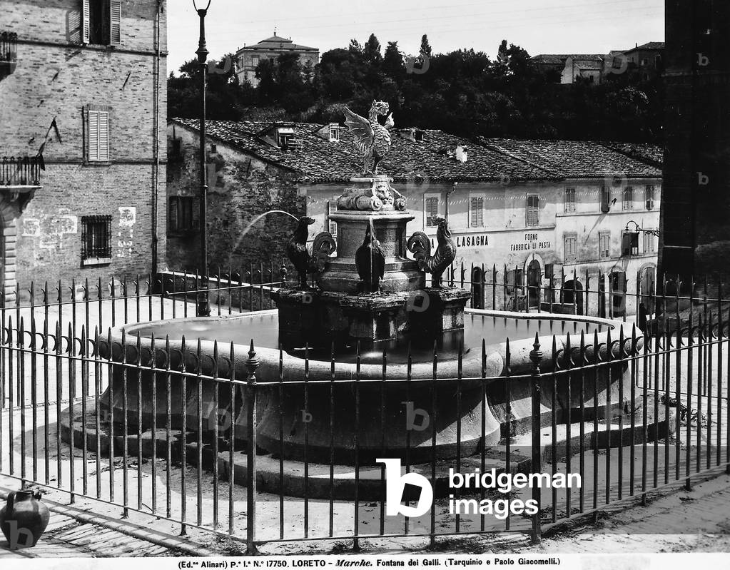 Fontana dei Galli, with decoration in bronze by brothers Tarquinio and Pietro Paolo Jacometti, situated in Piazza Leopardi, Loreto