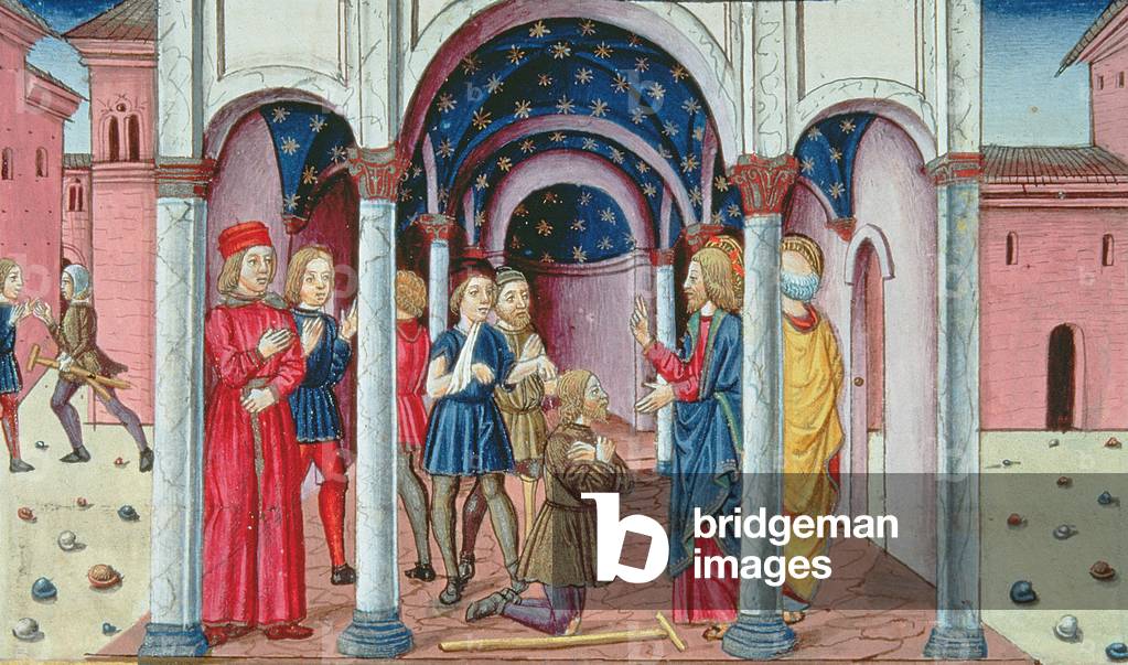 Fol.84r Christ heals in the temple while the priests are powerless to prevent it (vellum)