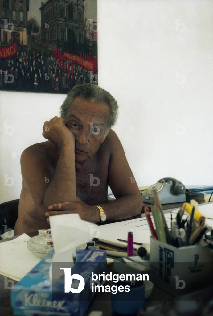 The painter Renato Guttuso (1911-1987) in his studio in Palermo