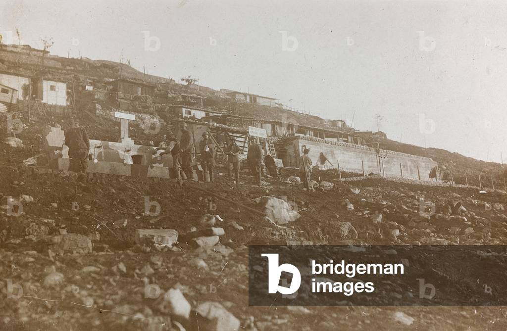 World War I: tanks of water in a military garrison in the high mountains (b/w photo)