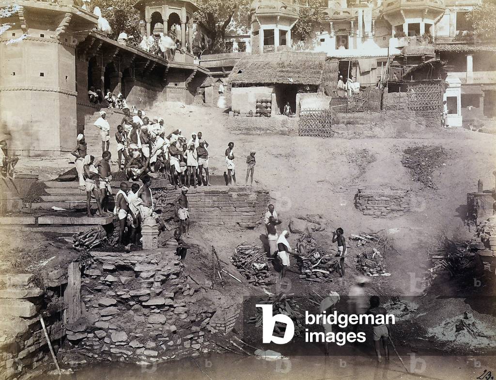 Indians on the shore of the Ganges at Benares (now Varanasi) cremating bodies on a pyre,  1867 (print on double-weight paper)