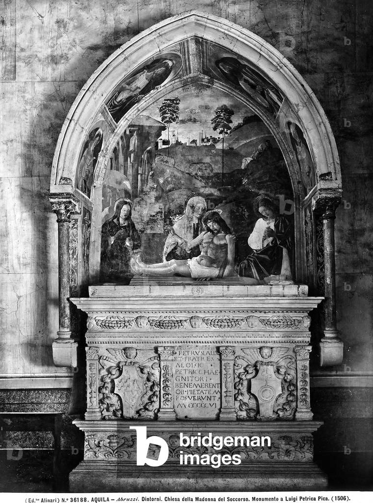 Tomb of Luigi Petricca Pica with a frescoed lunette portraying the Pietà; work conserved in the Church of Madonna del Soccorso, near L'Aquila