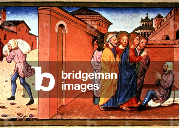 Fol.523r Christ heals a paralysed man in front of the people (vellum)