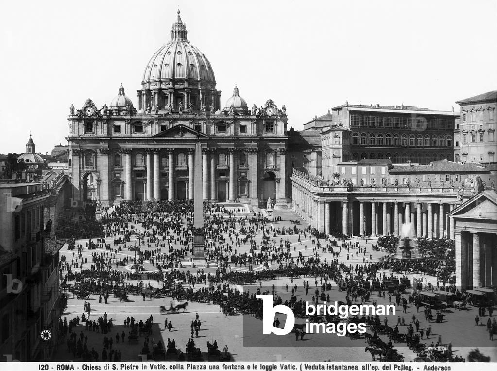 Busy view of the square in front of the Basilica of St. Peter, located in Vatican City
