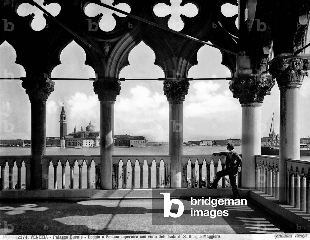 Upper loggia of the Doges' Palace in Venice with view of the San Giorgio Maggiore Island, Venice, Italy (b/w photo)