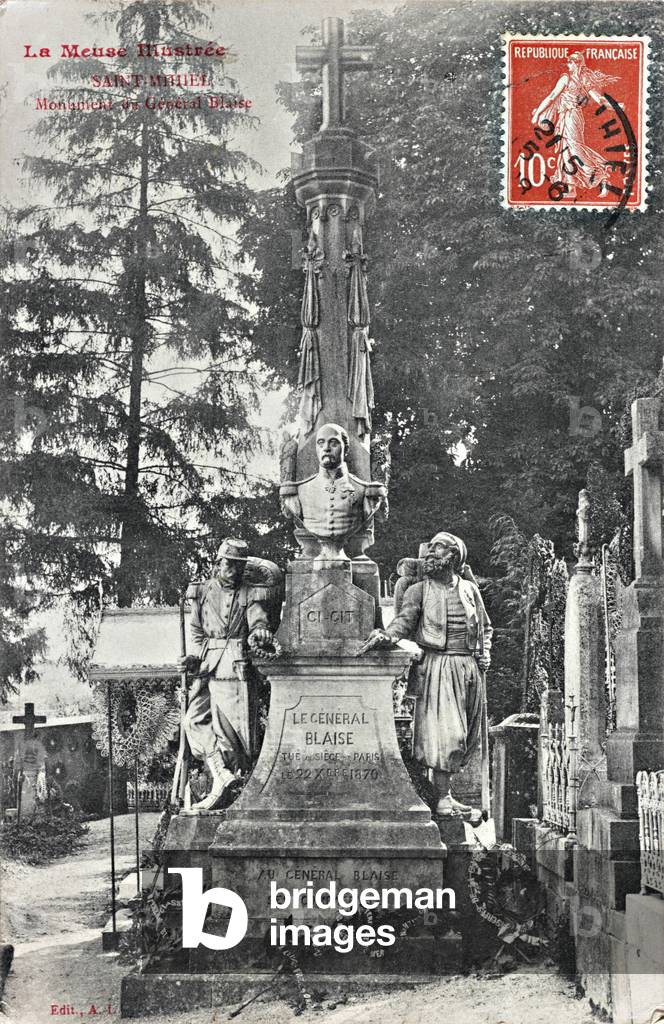 Monument to General Blaise by Martin Pierson, Cimetière des Abasseaux, Saint-Mihiel; postcard