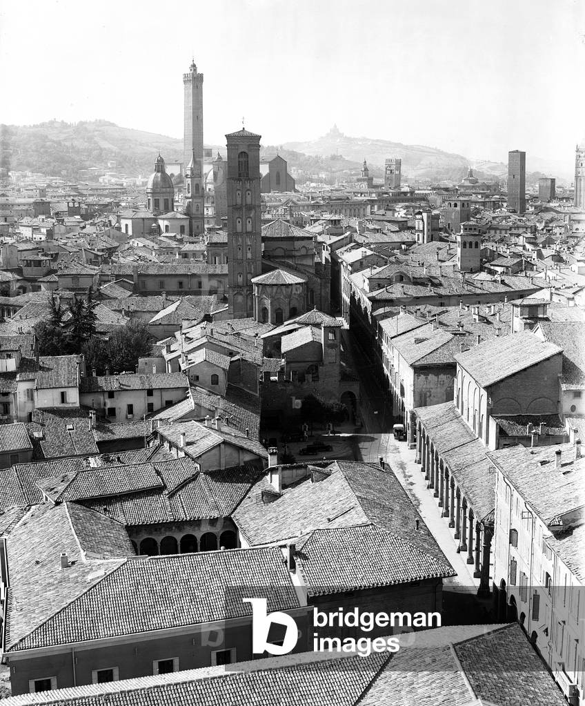 Scenic view with the two Towers, the Bell tower of St Giacomo and the Council Theatre, Bologna