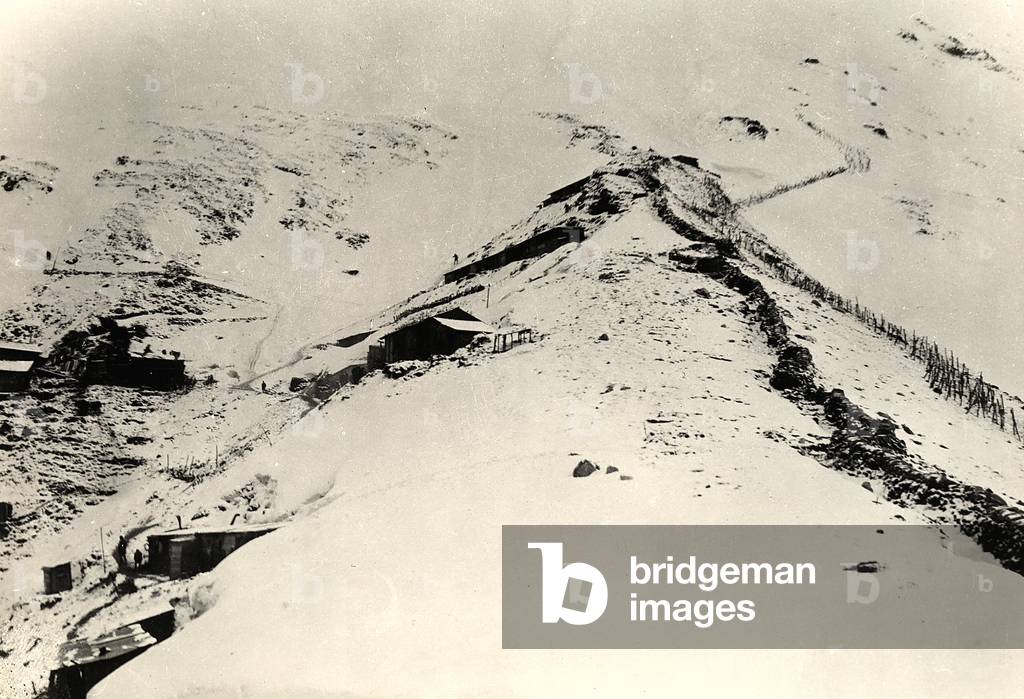 Trenches and fences on the slopes of Monte Nero during World War I (b/w photo)