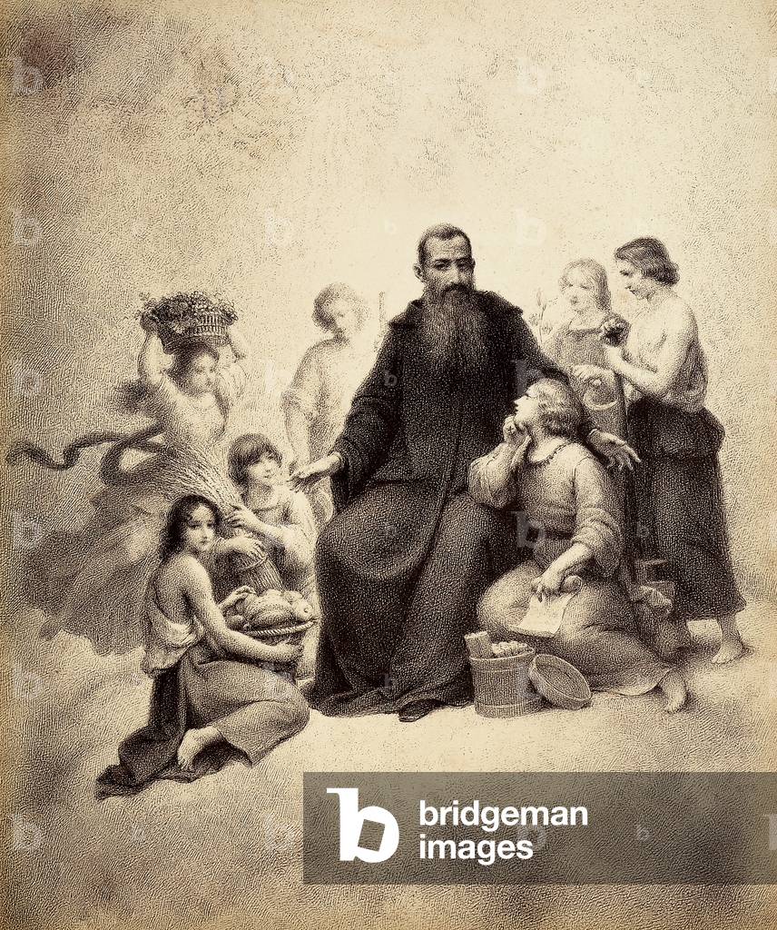 St. Benedict enthroned is surrounded by youth with bundles of wheat and baskets of fruit. Illustration of Canto XXXII in Paradiso of The Divine Comedy by Dante Alighieri. Work of Francesco Scaramuzza dedicated to the Municipality of Florence.