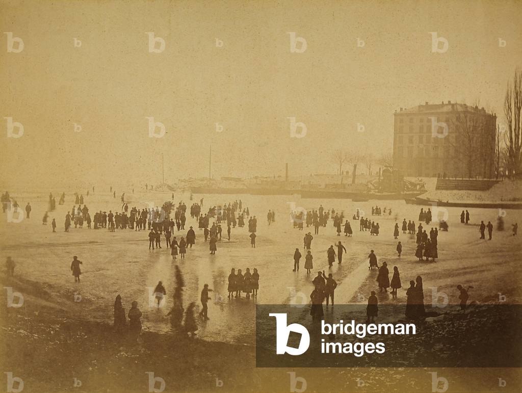 Ice skaters on the frozen lake of Neuchatel, during the frost of January-February 1880