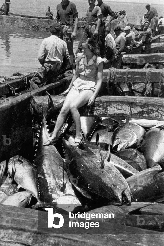 A boat full of tunny fish after a tunny kill, on Isola Piana