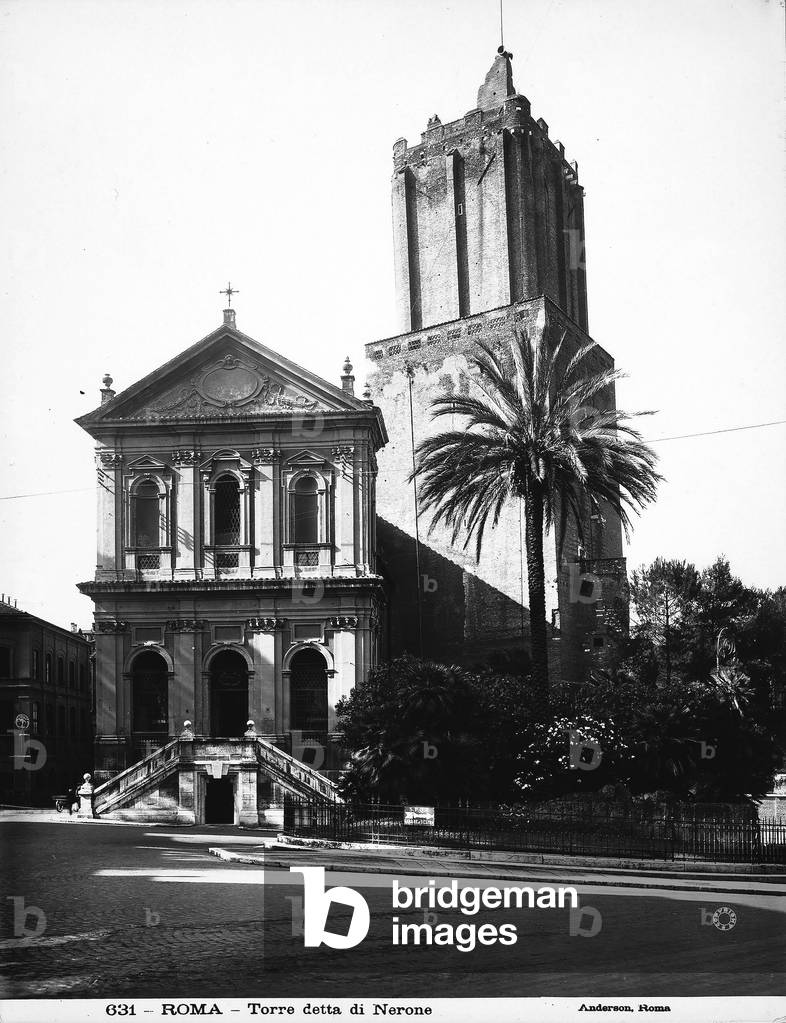 The Torre delle Milizie (or Torre di Nerone) and the façade of the church of Santa Caterina a Magnanapoli in Rome