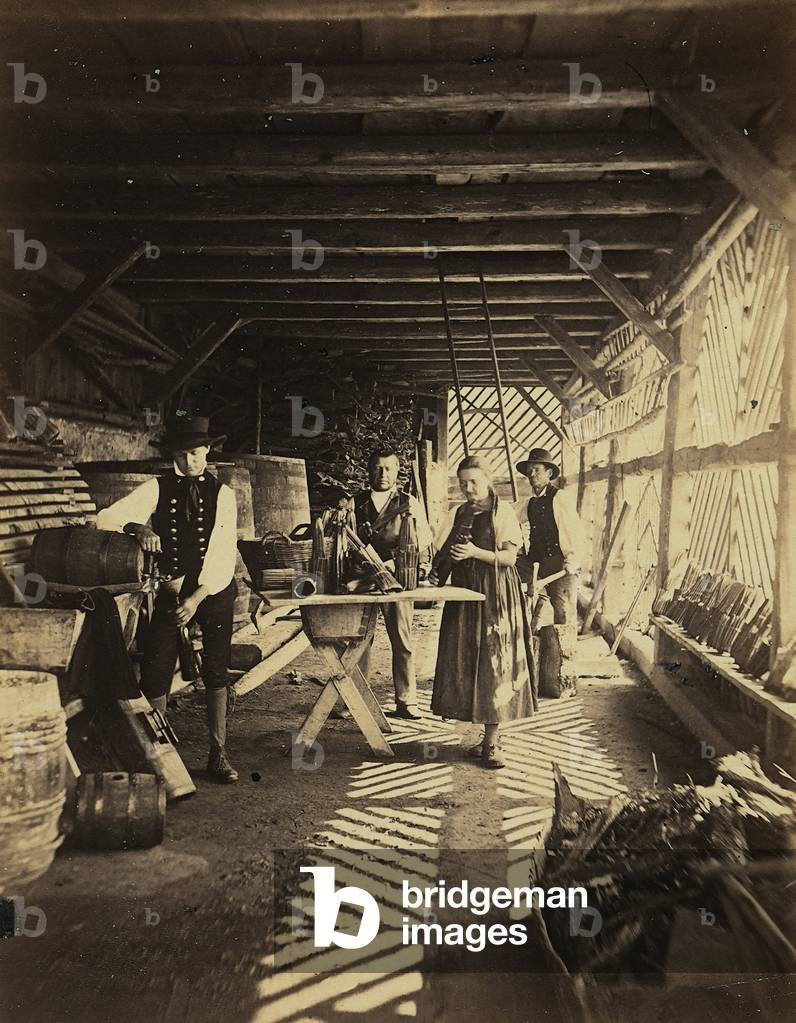 Some farmers intent of wrapping straw around bottles in the village of Gutach near Baden, Germany,  1880 (print on double-weight paper)