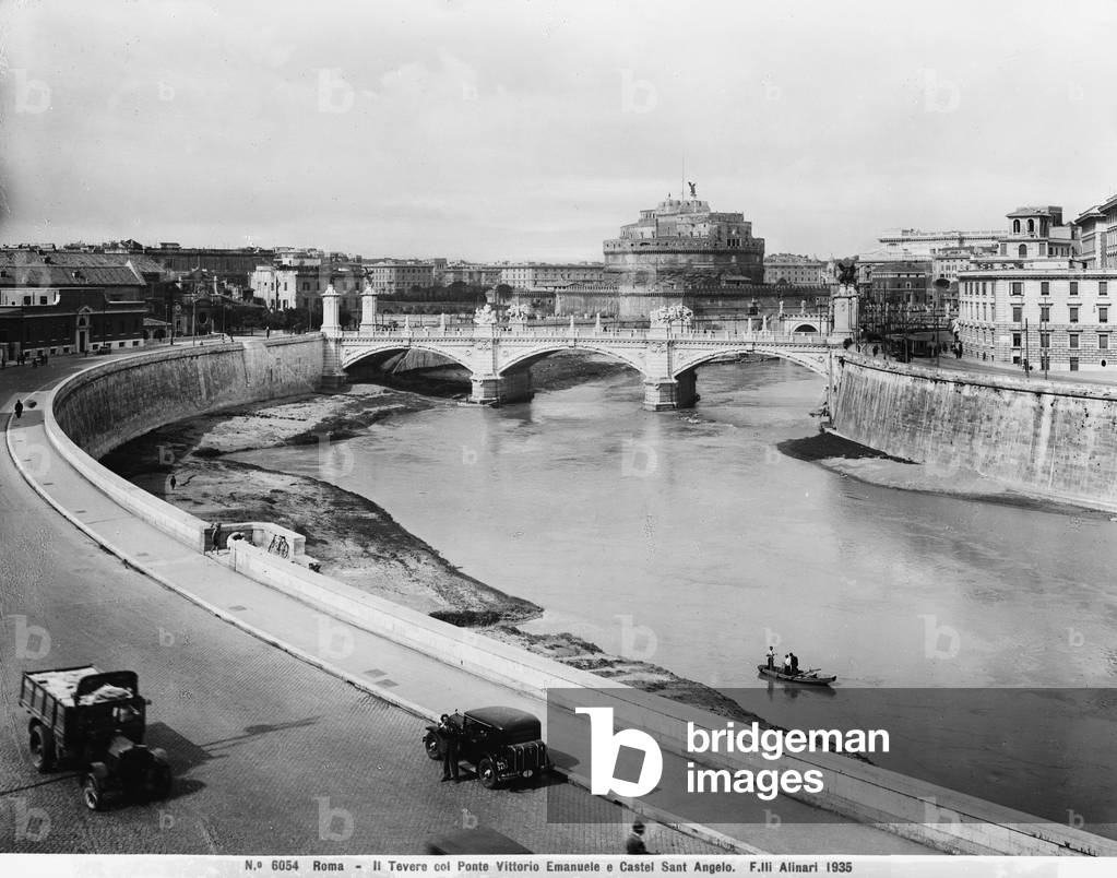 View of the Tiber in Rome with the Victor Emmanuel Bridge and Castel Sant'Angelo
