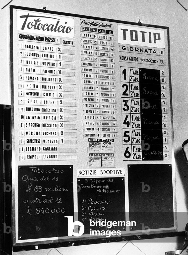 Chart with the scores valid for Totocalcio and Totip lotteries.