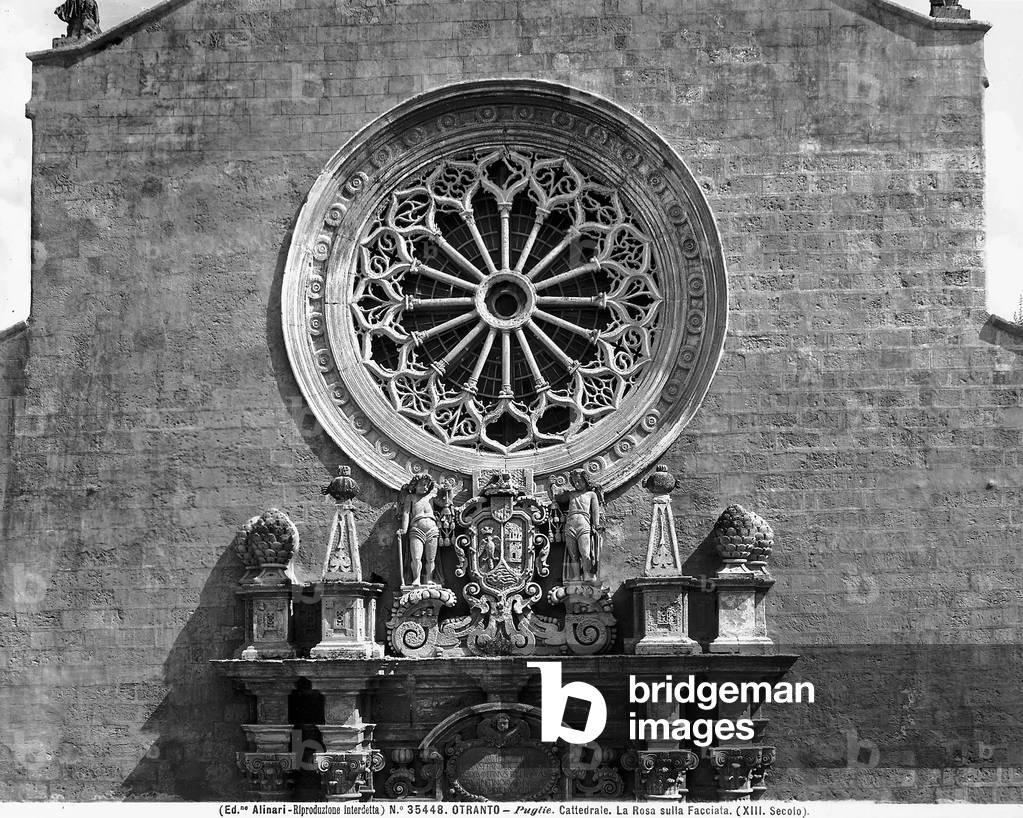 Detail of the façade of the cathedral of Otranto with its Renaissance rose window