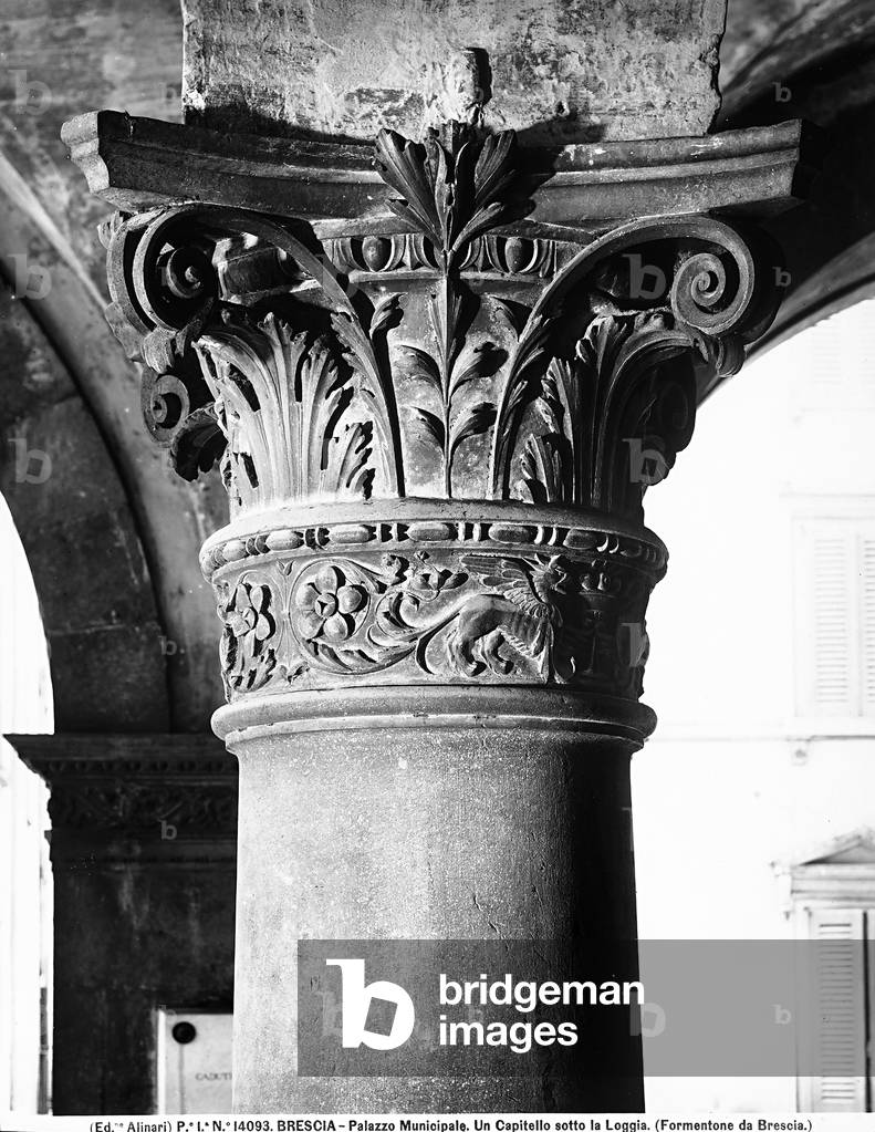 A capital of the facade of the Palazzo del Comune (or Piazza della Loggia), in Piazza della Loggia in Brescia. Architectural work carried out by Filippo de'Grassi and Lodovico Beretta