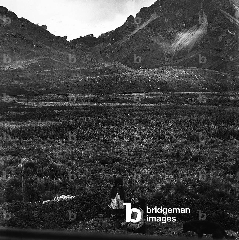 Two children and their dog on a plane at the foot of the Bolivian mountains