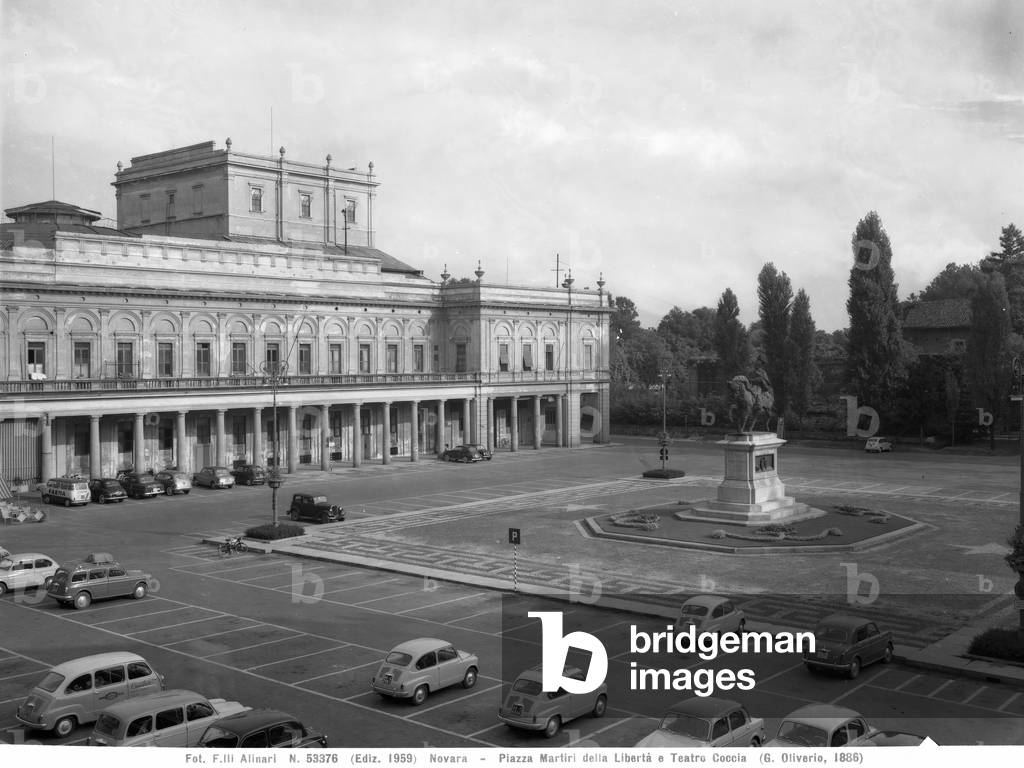 View of Piazza Martiri della Libertà with equestrian monument of Vittorio Emanuele II in the center, and the Coccia Theatre in the background, Novara