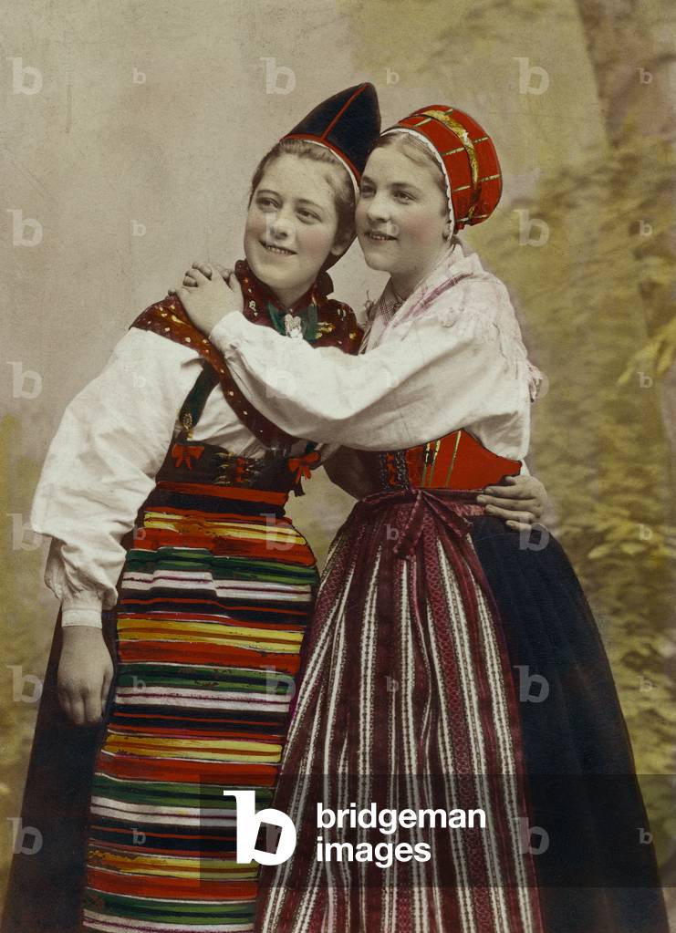 Portrait of two young women in traditional costume, Stockholm, 1870 (print on double-weight paper)