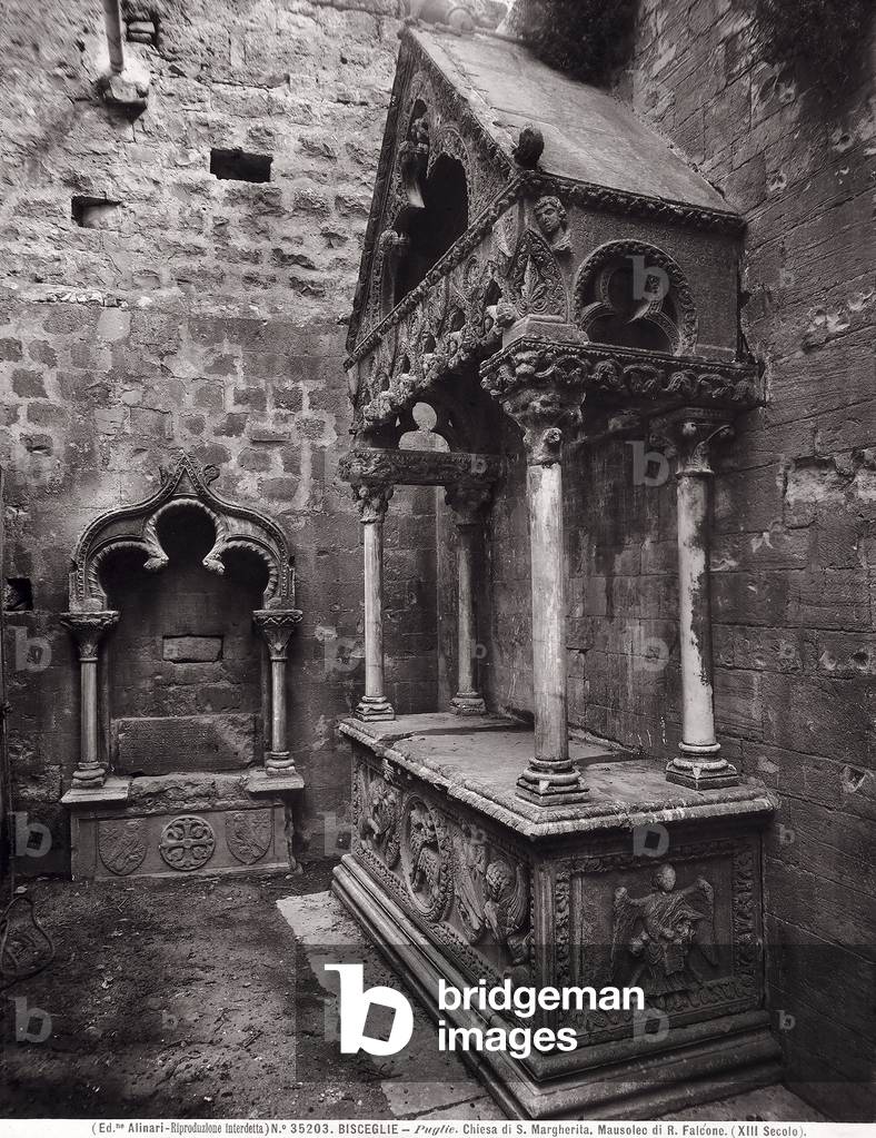The tomb of Riccardo Falcone, sculpted by Pietro Facitolo of Bari, and located on the left side of the church of Santa Margherita, in Bisceglie, Apulia