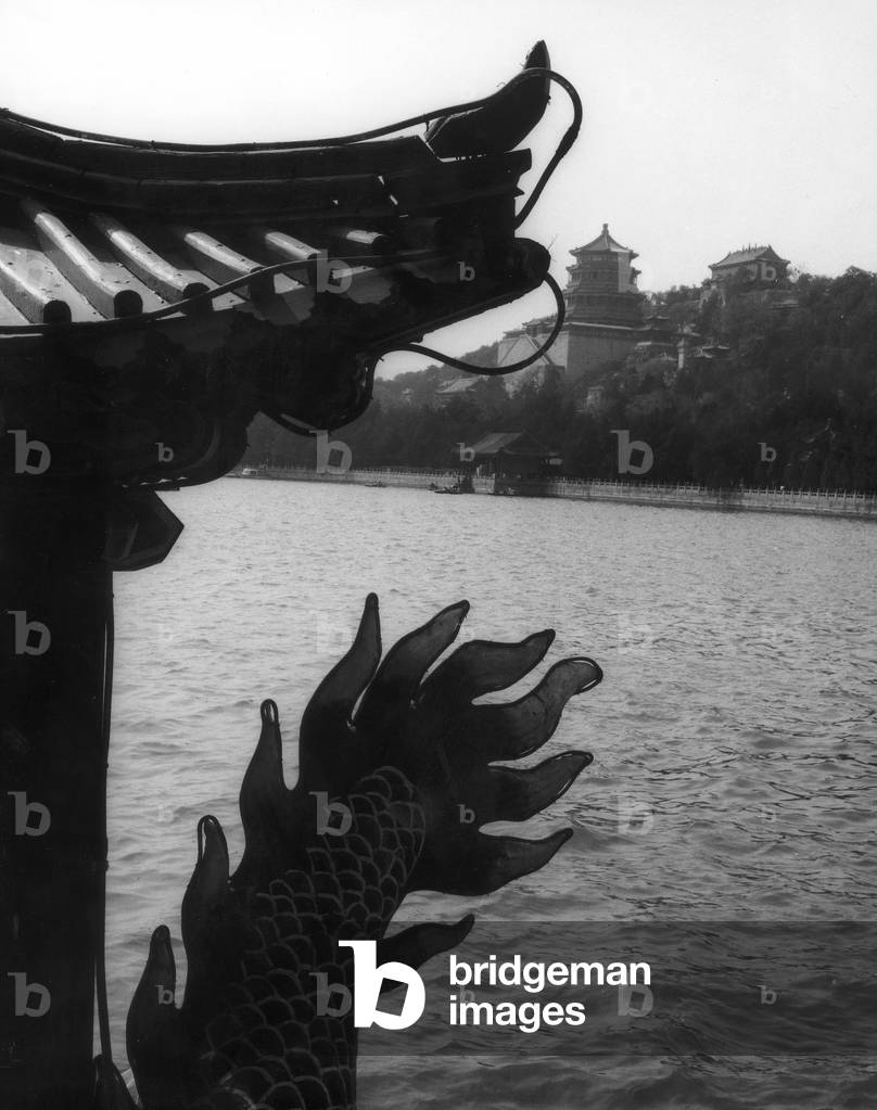 View of the lake in the distance Kunning and the Summer Palace in Beijing (b/w photo)