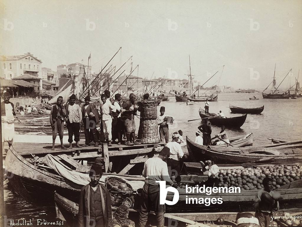 A group of Turkish merchants transporting food, from ships to land, in their boats, 1880 (print on double-weight paper)