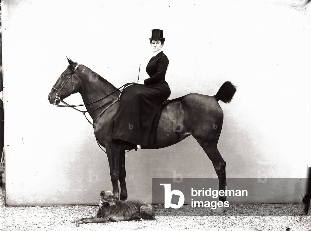 Portrait of a woman on a horse, with a greyhound sitting next to them