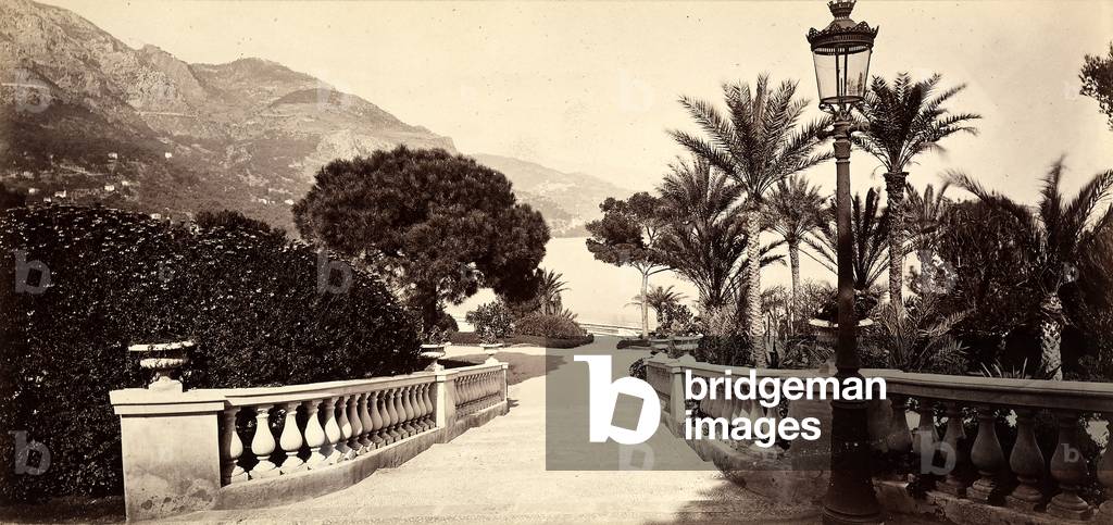 The garden of the Casino of Montecarlo, in the Principality of Monaco, 1890 ca. (b/w photo)