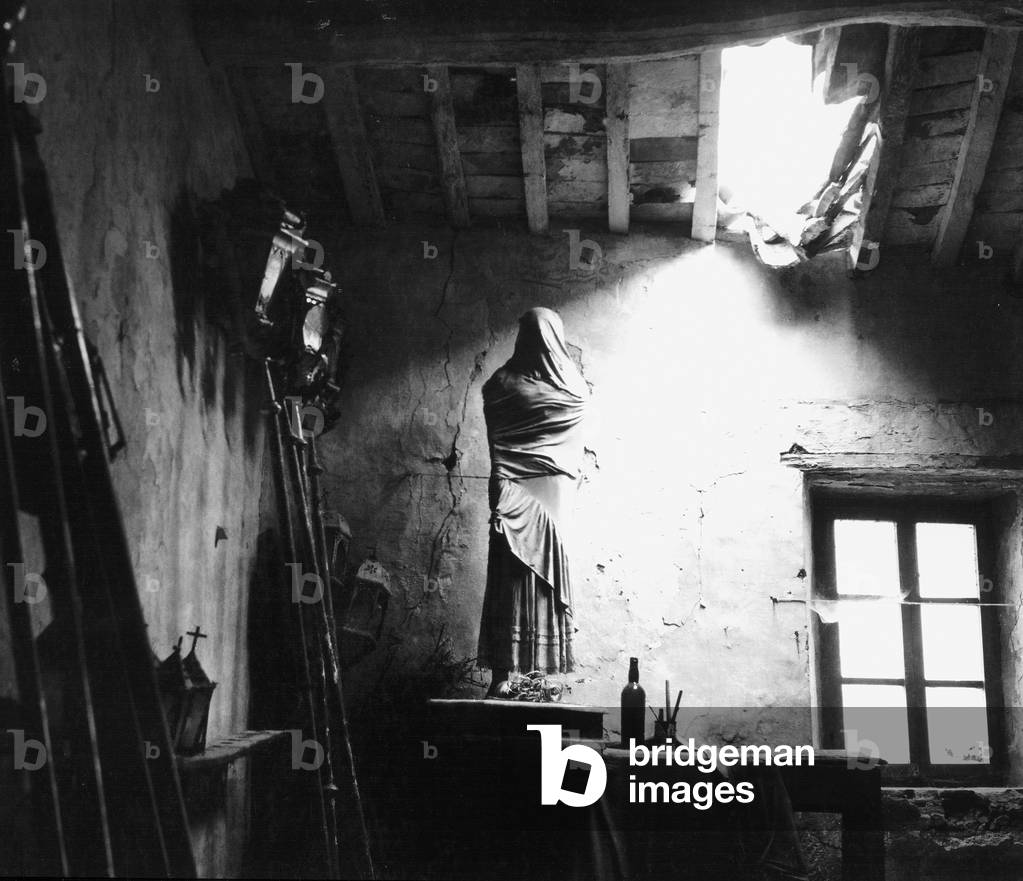 Interior of a sacristy with the roof caved in Porto Ercole (b/w photo)