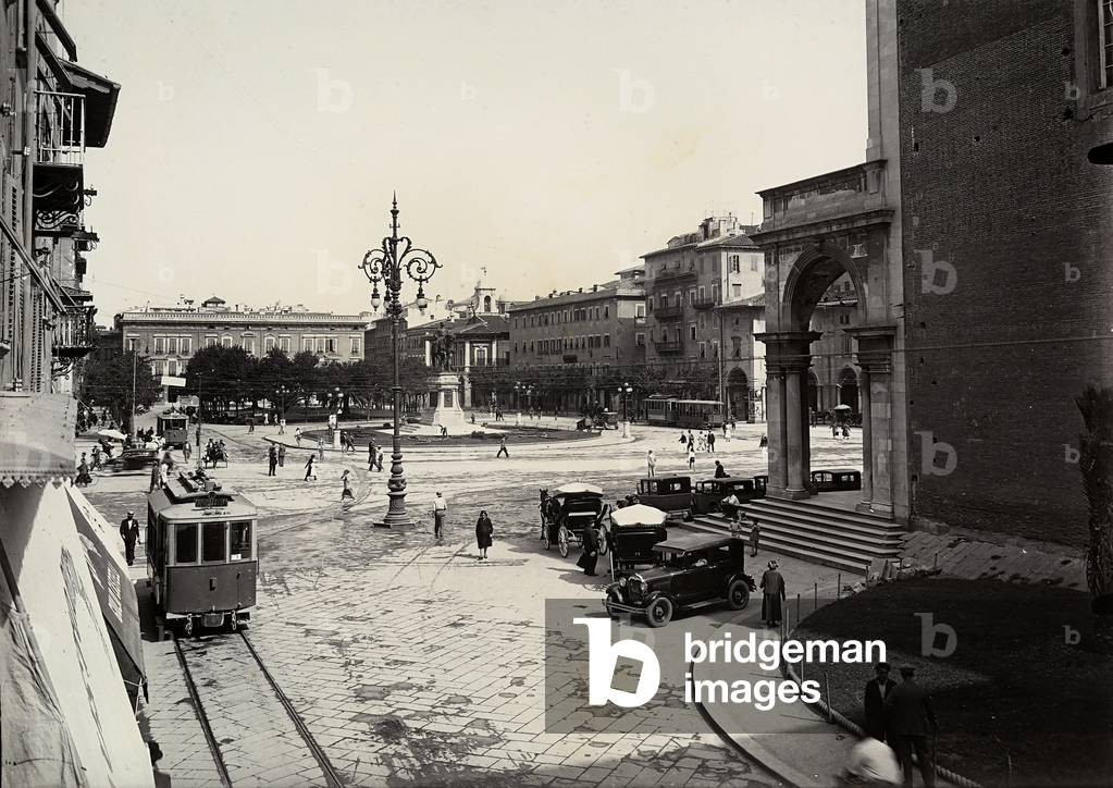 View of Piazza Grande in Livorno with tram and automobiles