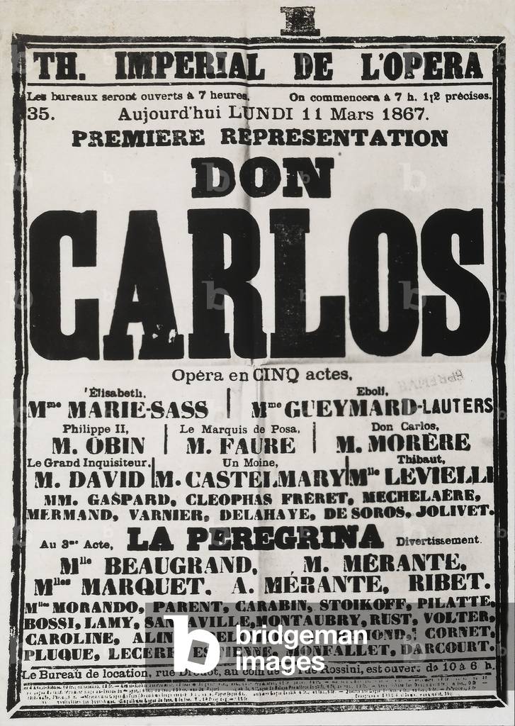 Poster advertising the first performance of 'Don Carlos' at the Theatre Imperial de l'Opera, Paris, 1867 (litho)