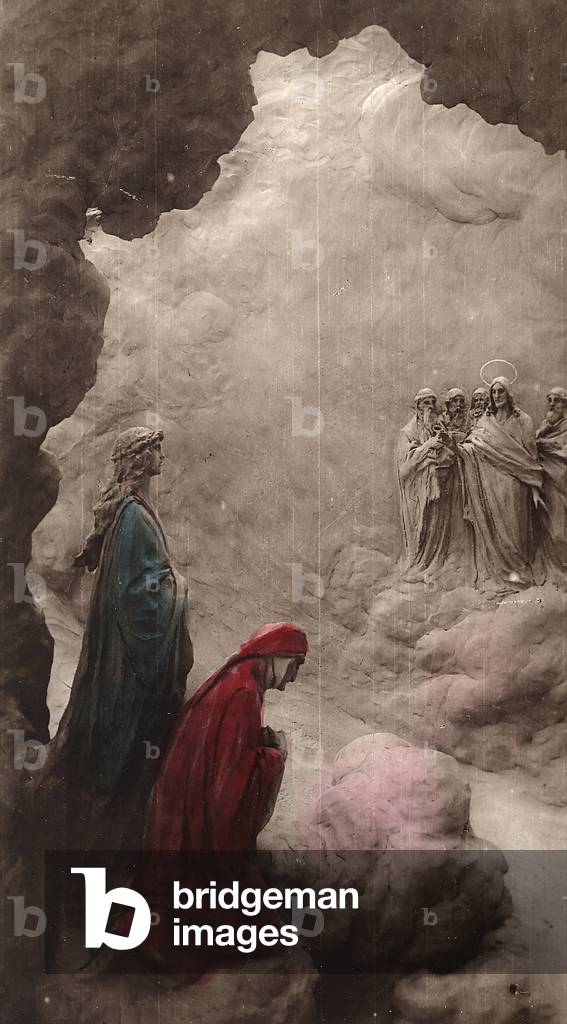 Dante kneels at the vision of Christ surrounded by the Apostles. Sculpture by Mastroianni depicting an episode from Paradiso of The Divine Comedy.