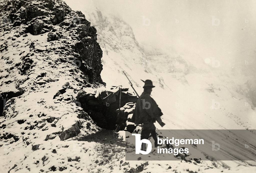Italian sentry on Monte Nero during World War I (b/w photo)