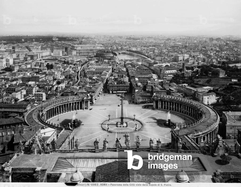 Panoramic view of Rome, with St.Peter's Square and Spina di Borgo (before the construction of the Via Reconciliation), taken from the dome of St. Peter