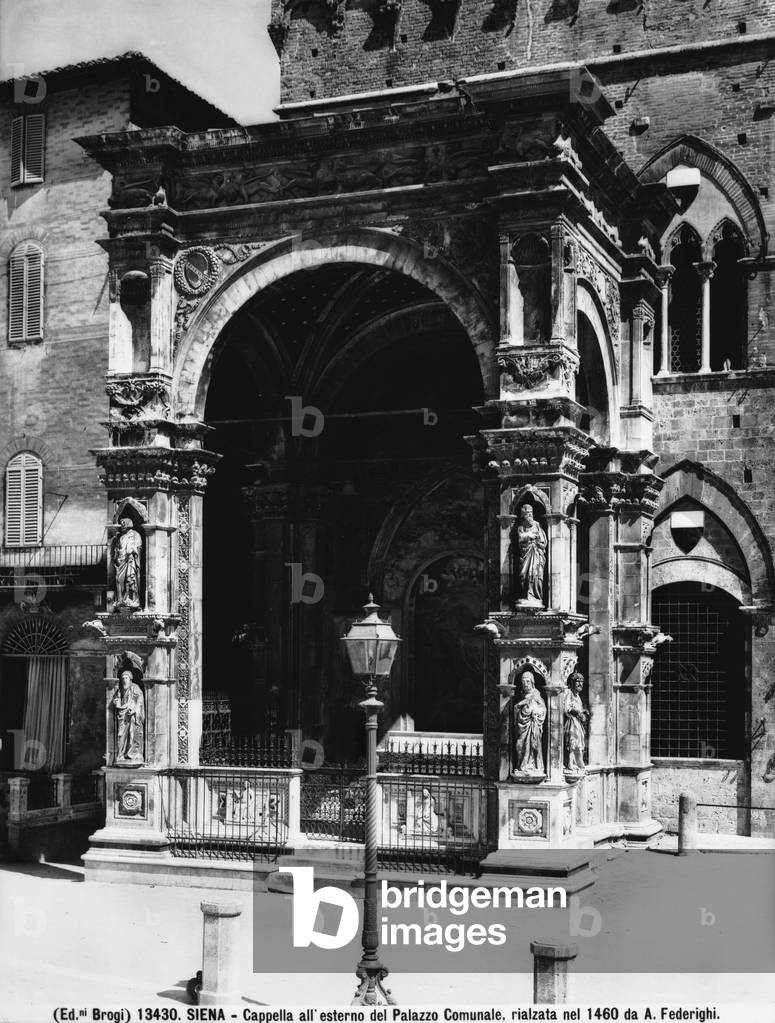 Chapel of Piazza. Architectural work designed by Domenico di Agostino located under the Torre del Mangia in Piazza del Campo, Siena.
