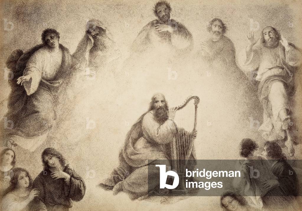 The spirit of David, the singer of Psalms, gleams surrounded by the spirits of the just. Illustration of Canto XX in Paradiso of The Divine Comedy by Dante Alighieri. Work of Francesco Scaramuzza dedicated to the Municipality of Florence.