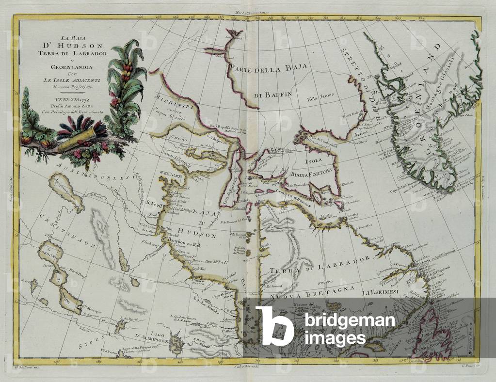 Hudson Bay, Land of Labrador and Greenland with the adjacent islands, engraving by G. Zuliani taken from Tome I of the 