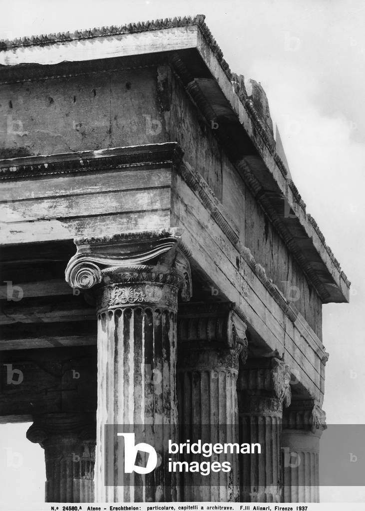 Detail of the pediment and trabeation, and of the columns and the Ionic capitals of the Erechtheion on the Acropolis in Athens