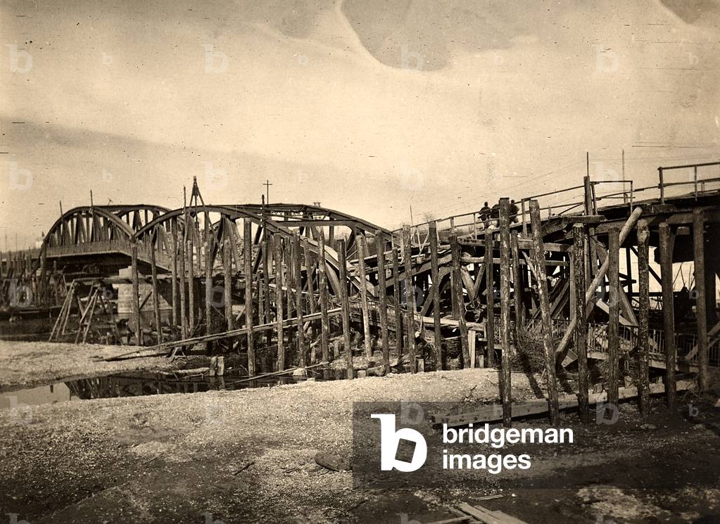 The bridge of Gradisca, blown up by Austrian troops in June 1915, during World War I (b/w photo)