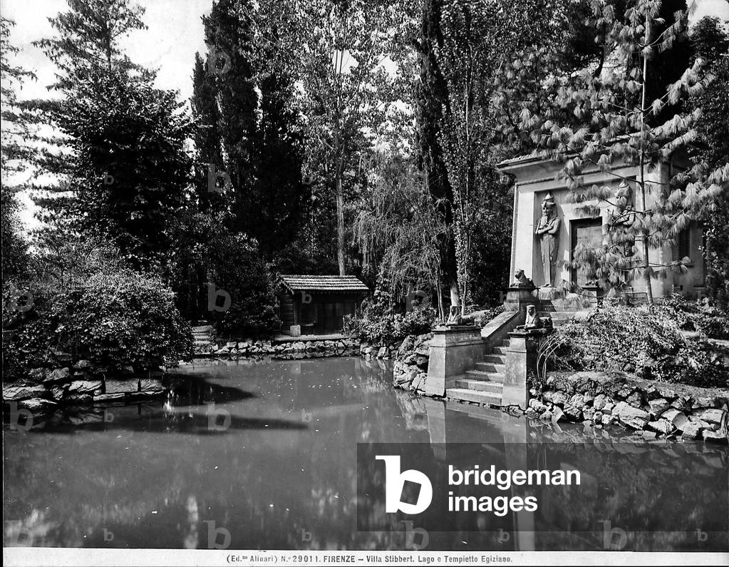Lake and small Egyptian temple on the park of Villa Stibbert in Florence (b/w photo)